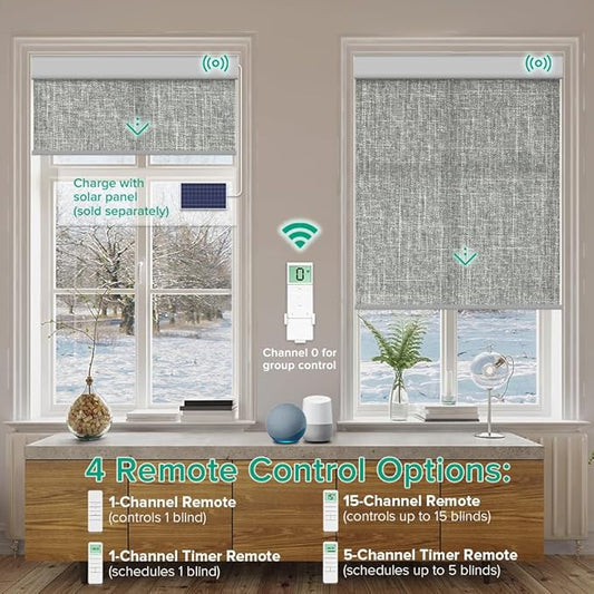 Motorized Roller Shades, Light Filtering Remote Control Custom Window Shades Compatible with Alexa Google Assistant via RF Hub, Rechargeable Electric Blinds for Windows (Dark Grey)