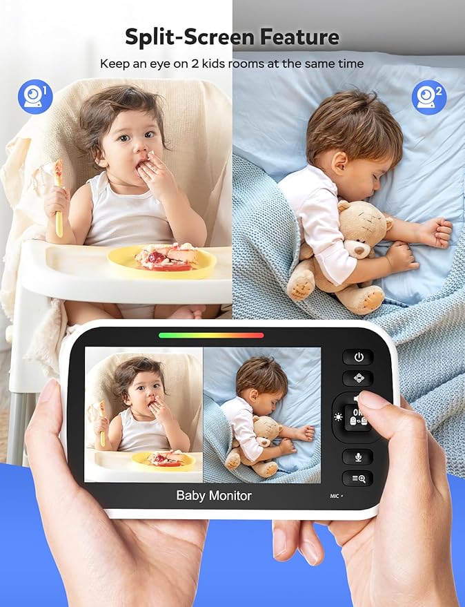GoodBaby 5" Split Screen Baby Monitor with 2 Cameras and Audio, No WiFi Secure FHSS, 30-Hour Battery, Remote PTZ, Auto Night Vision, Room Temperature, Two-Way Audio，Lullabies，1000ft Range