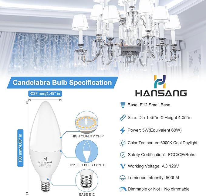 Candelabra LED Bulbs,60 Watt Equivalent,6000K Cool Daylight,Type B Light Bulb,Pack of 8,E12 Small Base,Non-Dimmable,Decorative Chandelier Bulb