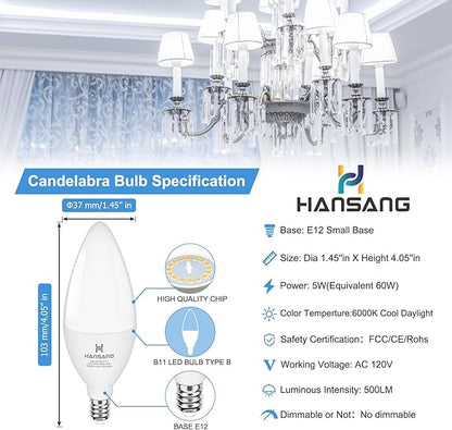 Candelabra LED Bulbs,60 Watt Equivalent,6000K Cool Daylight,Type B Light Bulb,Pack of 8,E12 Small Base,Non-Dimmable,Decorative Chandelier Bulb