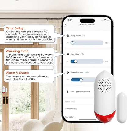 Smart WiFi Freezer Refrigerator Door/Window Alarm with Free Real-Time APP Alerts, 0-60s Delay, Scheduled Arm/Disarm, 0-120dB Adjustable Siren with Flashing Light for Fridge/Home/Store (1Pack)