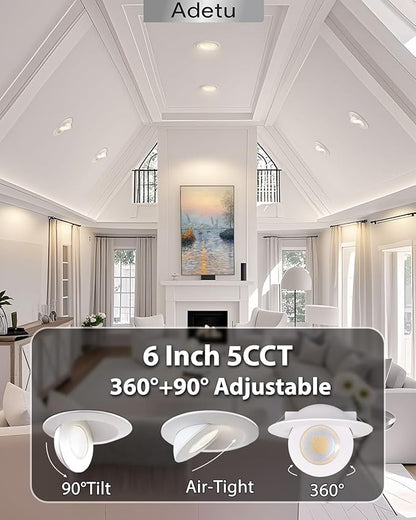 Adetu 5CCT Gimbal Led Recessed Lighting 6 inch, 360°+90° Adjustable Directional 6 inch Led Recessed Light, 2700K-5000K Dimmable Eyeball Canless Downlight with Jbox, ET (White, 6 Pack)