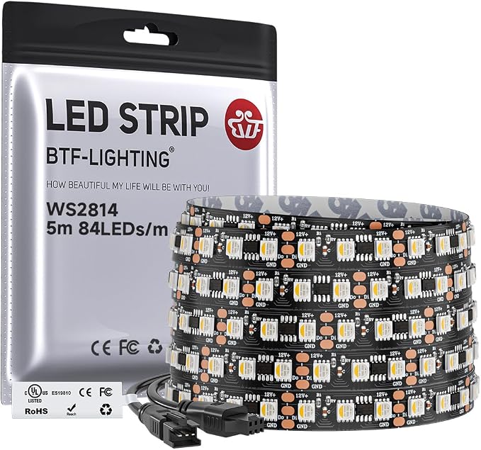 BTF-LIGHTING WS2814 IC RGBW RGB+Cool White UL Listed, DC12V 16.4FT 84LED/m | 28pixel/m,(Similar WS2812B),Addressable4 Colors in 1 Dream Color LED Strip 12mm Width PCB IP30(No Adapter or Controller)