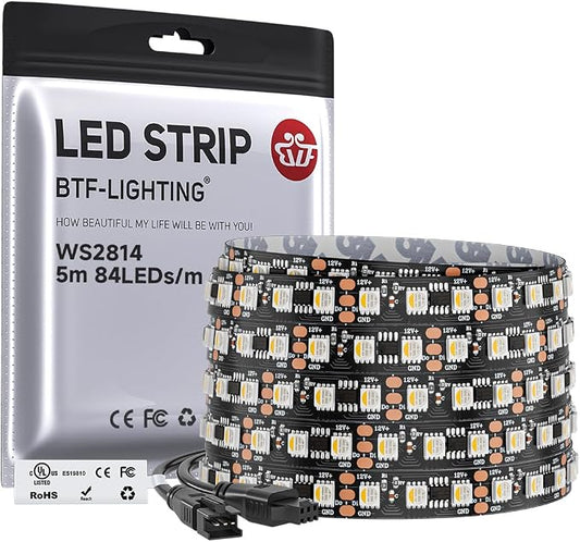 BTF-LIGHTING WS2814 IC RGBW RGB+Cool White UL Listed, DC12V 16.4FT 84LED/m | 28pixel/m,(Similar WS2812B),Addressable4 Colors in 1 Dream Color LED Strip 12mm Width PCB IP30(No Adapter or Controller)