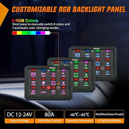 Nilight 12 Gang Switch Panel APP RGB 12V 24V Circuit Control System 4-Mode | Fuse Wiring Harness Automatic Dimmable LED Pod Toggle/Momentary/Strobe/Flash Modes for Car Pickup Truck Camper SUV