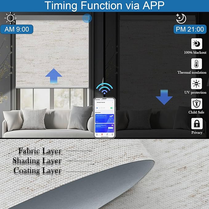 Motorized Blinds with Remote Cordless Automatic Motorized Shades Custom Blinds for Indoor Windows Smart Curtains with Alexa Google Home(Blackout Linen Sandy Beach,W57 x H72in)