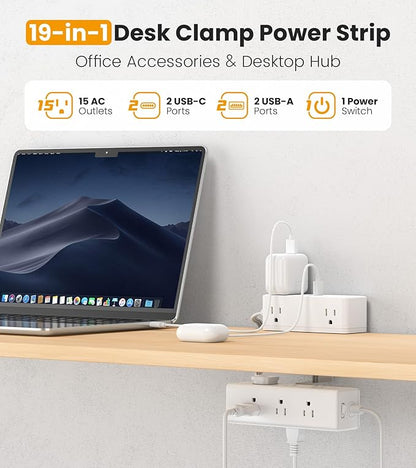 Dual Layer Desk Clamp Power Strip, Desktop Edge Mount Surge Protector with 15 AC Outlets & 4 USB Ports(20W USB-C), Ultra Thin Flat Plug & 5FT Power Cord for Office Home(ETL Listed)