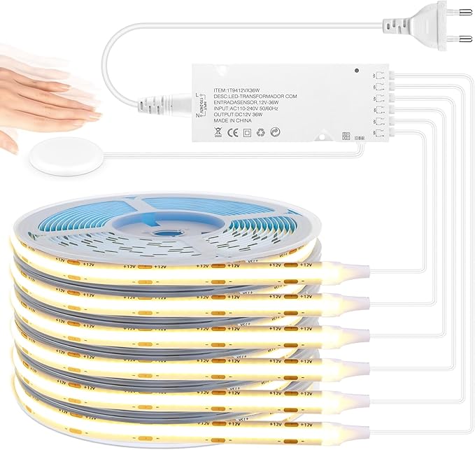 COB LED Strip 6pcs 3.3FT, Self-Adhesive LED Strips, 12V Acoustic Panels Cuttable LED Strip Lights, Touch and Hand Sweep Dimmer Switching, DIY Led Light Kit for Wine Cabinets, Cupboards, Shelves