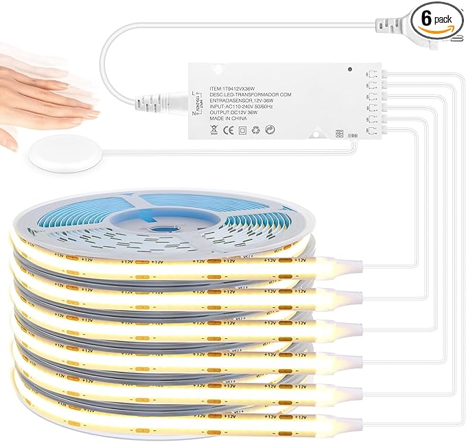 COB LED Strip 6pcs 6.56FT, 2700k Warm LED Strips, 12V Acoustic Panels Cuttable LED Strip Lights, Touch and Hand Sweep Dimmer Switching, Led Light Kit for Wine Cabinets, Cupboards, Kitchen,Shelves