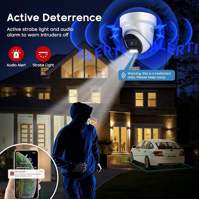 4K 8MP Color View Turret PoE IP Camera Outdoor with Smart Hybrid Light, Strobe Light & Audible Warning, AI VCA, Human/Vehicle Detection, 4K-25fps, 1/1.8" Sensor, F1.0 Aperture, 2-Way Audio, 130 dB WDR