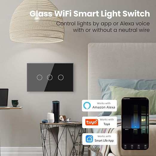 Smart Switch Neutral Wire Optional,APP Control,Black 3 Button | 4.65 X 2.83 X 1.34 Inches,Only 2.4GHz Wi-Fi,Voice Control,Work with Tuya/Smart Life/Alexa,Tempered Glass Panel