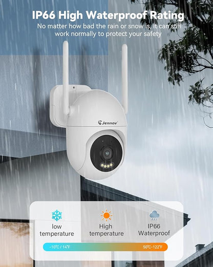 Jennov 5MP Wireless Security Camera System with Monitor, 4 Outlet-Powered Cameras, 10CH NVR Kit with 500GB HDD, Night Vision, Motion Detection, IP66, No Subscription, Home Surveillance Indoor Outdoor