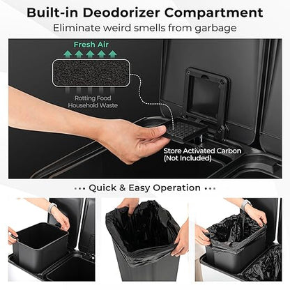 Goplus 16 Gallon/ (2x30L) Stainless Steel Trash Can, Kitchen Trash Bin w/Dual Removable Inner Buckets, Soft Closure & Step-on Pedal, Deodorizer Compartment, Garbage Bin for Recycling, White
