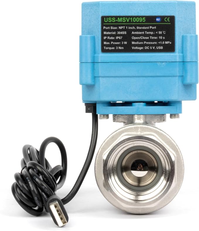 U.S. Solid WiFi Smart Motorized Ball Valve 1 Inch NPT 2-Way 304 Stainless Steel Electric Actuated Valve USB Powered NSF Certified for Water Irrigation