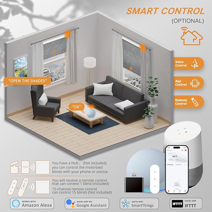 Motorized Smart Blinds with Remote - Cordless Electric Roller Shades, Blackout, Alexa & Google Compatible, Gray, 28" W x 72" H