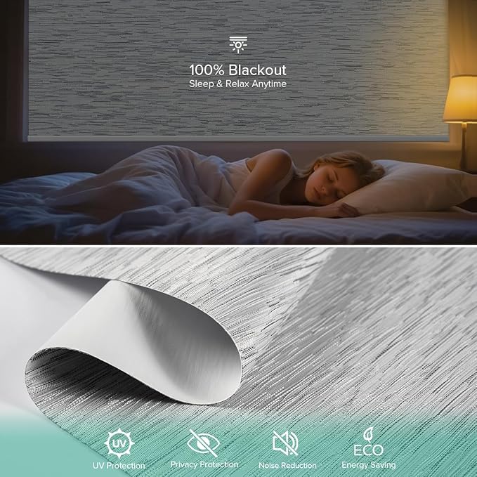 Motorized Roller Shades, 10O% Blackout Remote Control Custom Window Shades Compatible with Alexa Google Assistant via RF Hub, Rechargeable Electric Blinds for Windows (Texture Grey)