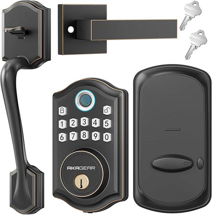 AkaGear DS10 Keyless Entry Door Lock with Handle Set - Fingerprint Deadbolt, Electronic Keypad Deadbolt, Smart Locks for Front Door, Auto-Lock & One Touch Locking - Oil Rubbed Bronze