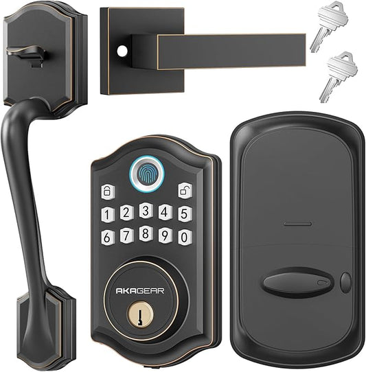 AkaGear DS10 Keyless Entry Door Lock with Handle Set - Fingerprint Deadbolt, Electronic Keypad Deadbolt, Smart Locks for Front Door, Auto-Lock & One Touch Locking - Oil Rubbed Bronze