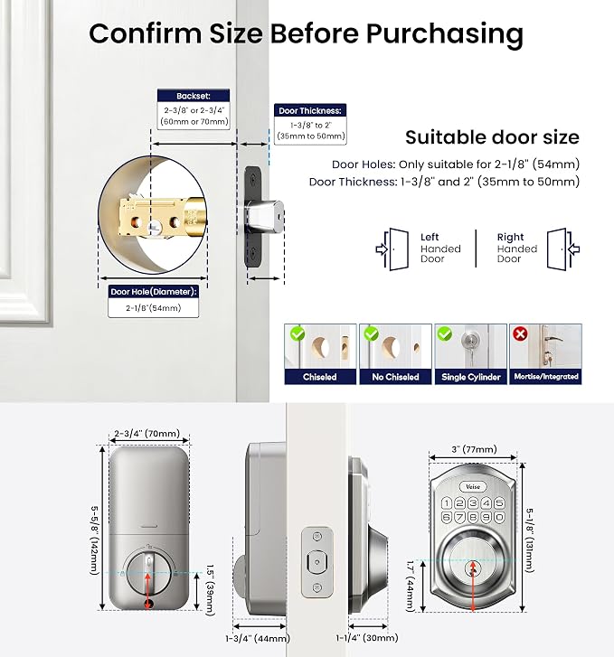 Veise VE001 Keyless Entry Deadbolt, Electronic Keypad Lock, Satin Nickel