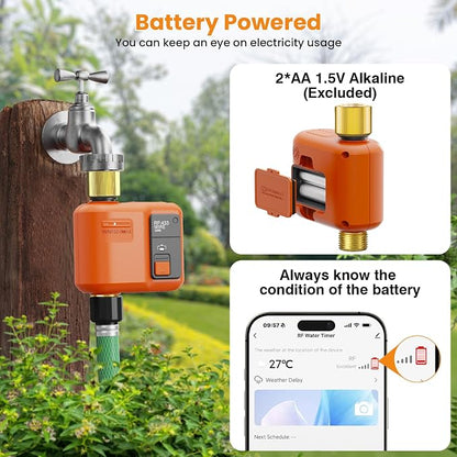 WiFi Water Timer for Garden Hose, Smart Sprinkler Timer with 984ft Long Range, Strong Wall Penetration, APP & Remote Control, Voice Control, Rain Delay, Manual Mode, Watering System
