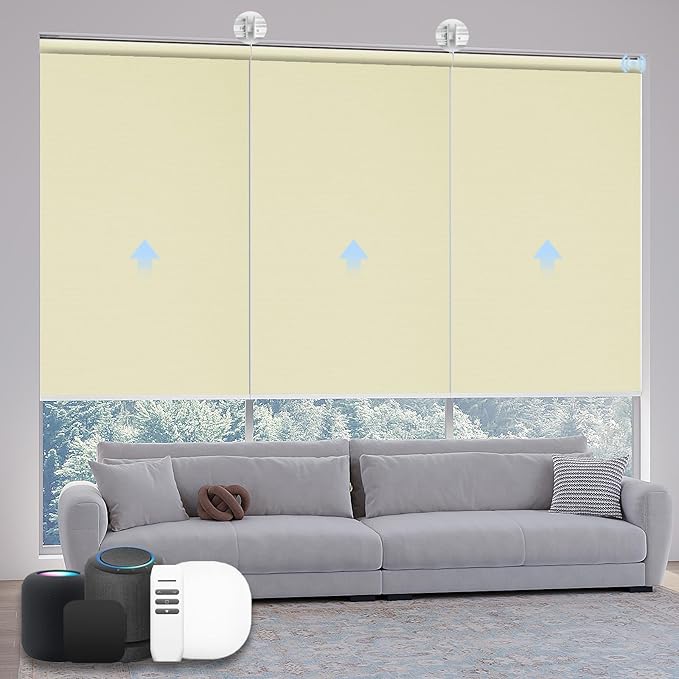 Motorized Coupled Shades, Blackout Smart Blinds for Large Windows Automatic Blinds Compatible with Alexa, Motorized Roller Shades Customized for Bedroom Home Office(Blackout-Creamy Yellow)