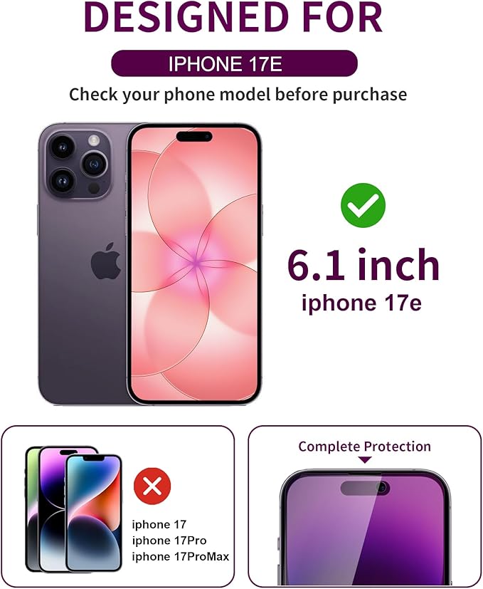 2 Pack Privacy Screen Protector for iPhone 17e Tempered Glass 6.1'' Private Saver Anti-Spy Eye Protection Anti-Scratch Full Coverage No Bubble