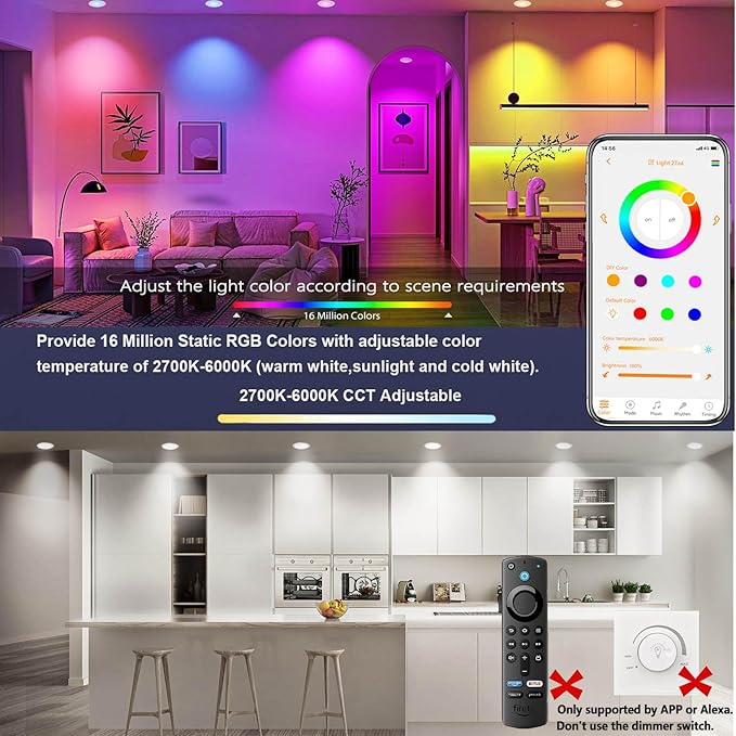 Smart Recessed Lighting 6 inch, 4Pack RGBCW Recessed Ceiling Lights with Junction Box, 16W 1350lm LED Recessed Lights 2700 to 6000K Canless LED Downlight Dimmable by Alexa and APP