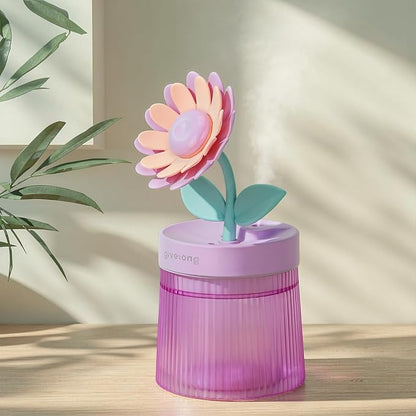Cute Flower Mini Humidifier, Small Cool Mist Desk Humidifiers, Portable USB Personal Desktop Plant Humidifiers, Cooling for Home Office Car Travel Indoor Outdoor (260ml, Purple Sunflower)