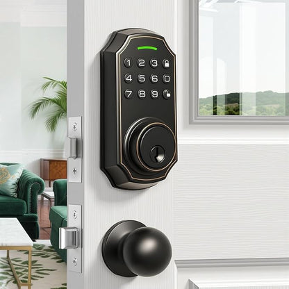 Smart Keyless Entry Door Lock with 2 Knobs,Front Door lock Handle Set,Electronic Digital Keypad Deadbolt,Auto Lock,50 User Codes,Voice Prompts,Anti-Peeking Password,Home, Apartment,Satin Nickel