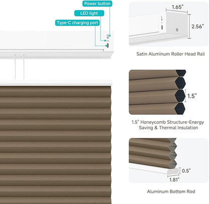Motorized Top Down Bottom Up Cellular Shades with Remote, Custom Cordless Smart Honeycomb Blinds, Automatic Electric Light Filtering Window Blinds Work with Alexa Google for Home Office, Brown