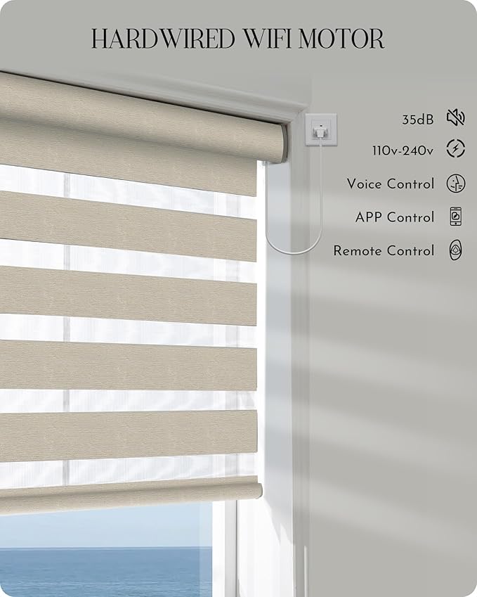 Graywind Motorized Zebra Blinds for Windows, Blackout Hardwired Smart Blinds with Remote Control, Dual Layer Custom Zebra Shades Work with Alexa, Google Home, Apple Homekit, Classic - Grey