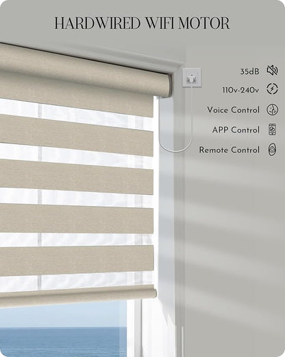 Graywind Motorized Zebra Blinds for Windows, Blackout Hardwired Smart Blinds with Remote Control, Dual Layer Custom Zebra Shades Work with Alexa, Google Home, Apple Homekit, Classic - Grey
