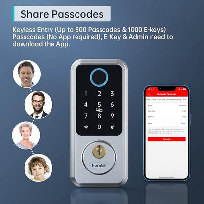 Hornbill Smart Door Lock with Keypad, Keyless Entry Home with Your Smartphone, Bluetooth Smart Deadbolt Door Lock Works with APP Control, Code and eKey, Auto Lock for Home Hotel Apartment Silver