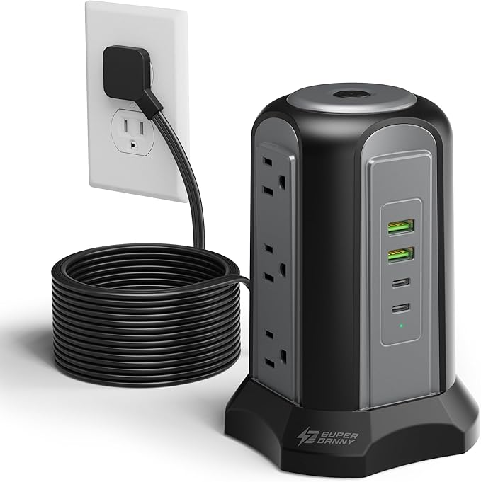 15Ft Extension Cord Power Strip Tower Surge Protector, Desktop Charging Station with Multiple Outlets, 9 Outlets, 4 USB (2 USB-C), 1080J, Multiple Protections Outlet Extender for Home, Office, Dorm