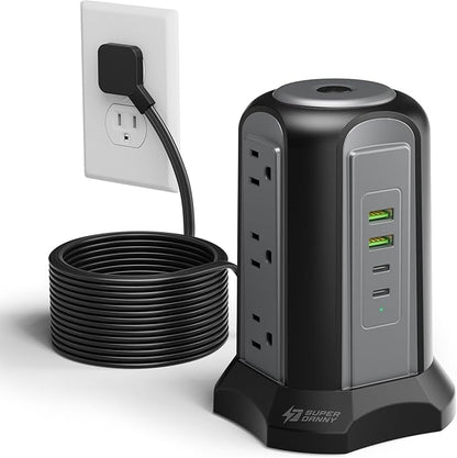 15Ft Extension Cord Power Strip Tower Surge Protector, Desktop Charging Station with Multiple Outlets, 9 Outlets, 4 USB (2 USB-C), 1080J, Multiple Protections Outlet Extender for Home, Office, Dorm