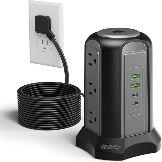 15Ft Extension Cord Power Strip Tower Surge Protector, Desktop Charging Station with Multiple Outlets, 9 Outlets, 4 USB (2 USB-C), 1080J, Multiple Protections Outlet Extender for Home, Office, Dorm