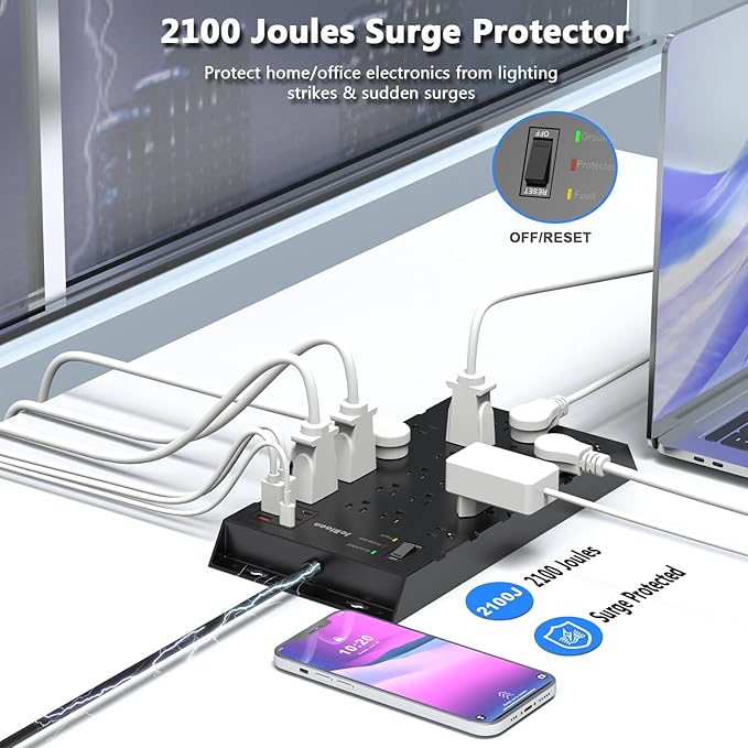 22 Outlets & 6 USB Big Power Strip, Jcblaon Surge Protector with 3USB C & 3USB A Charging Ports, 6.5ft Flat Plug Heavy Duty Extension Cord(1875W/15A)，2100J, 14AWG,Wall Mountable for Garden,Shed, Black