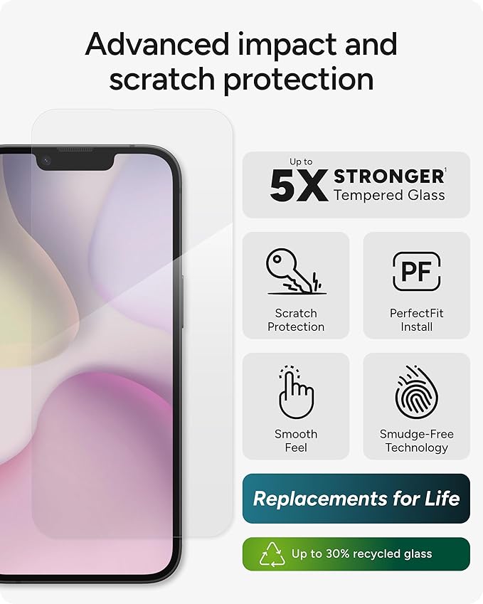 ZAGG Glass Elite Screen Protector for Apple iPhone 17e/ 16e/ 14/13/ 13 Pro - Advanced Impact and Scratch Protection, Anti-Fingerprint Technology, InvisibleShield, Easy to Install