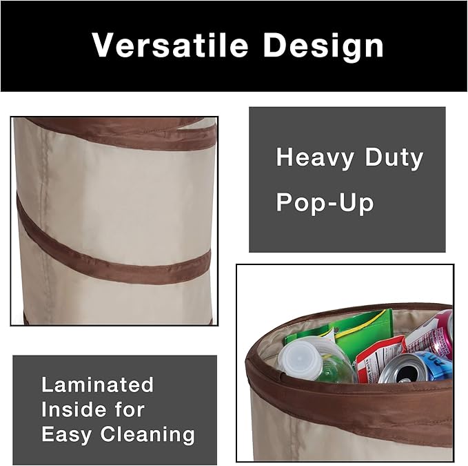 Smart Design Spiral Pop Up Trash Bin with Open Top - Easy to Clean Design - for Recyclables, Garbage, Paper Clutter, Trash Bin - Home - 9.5 x 13 Inch - Beige with Dark Brown Trim
