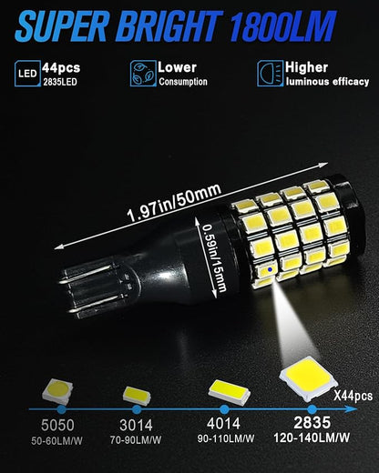 2025 New Upgrade 912 921 LED Reverse Lights Bulb,906 922 W16W LED Bulb Replacement for Back Up Lights，T15 Backup Cargo Lights For Car Trunks 6000K Xenon White (2pcs)