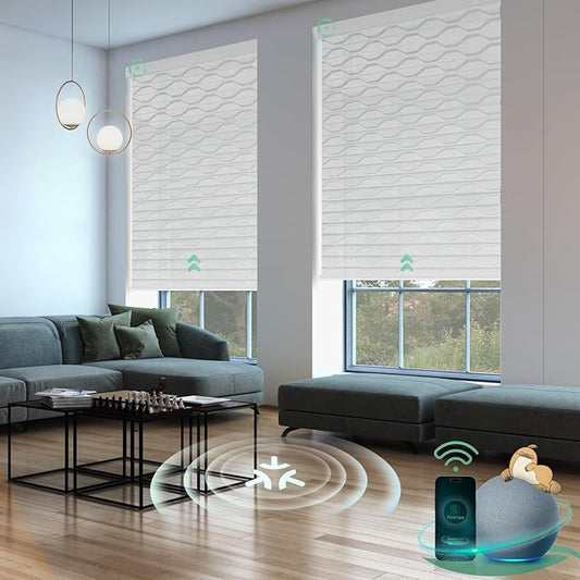 Yoolax Motorized Matter Zebra Blinds Compatible with Alexa, Google Home, Apple HomeKit, Light Filtering Smart Blinds, Privacy Light Control Horizontal Window Blind for Home (50% Shading White)