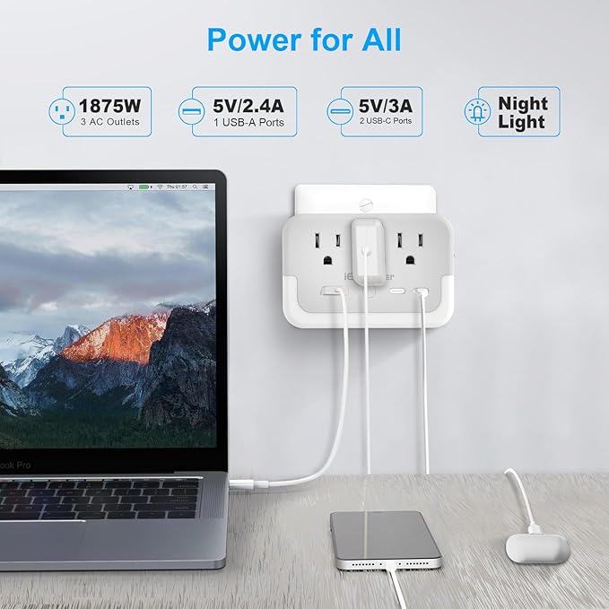 Portable Outlet Extender with Light Sensor lamp,Power Strip with 3 Outlet and 3 USB Ports(2 USB-C Ports && 1 USB-A Port Total 15.5W/3.1A).Multi Plug Wall Outlet for Home Travel Office-White
