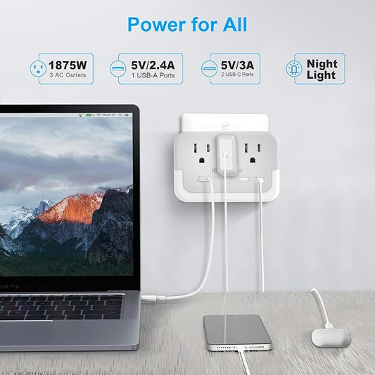 2 Pack Compact Outlet Extender with Light Sensor lamp,Multi Plug Wall Outlet with 3 Outlet and 3 USB Ports(2 USB-C Ports && 1 USB-A Port Total 15.5W/3.1A).Power Strip for Home Travel Office-White