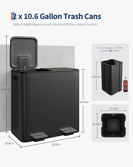 Garvee Double Trash Can, 2 x 10.6 gal (2 x 40 L) Garbage Can for Kitchen Dual Compartment Recycling Kitchen Step Trash Bin, Stainless Steel Trash and Recycle Bin Combo with Soft-Close Lid,Black