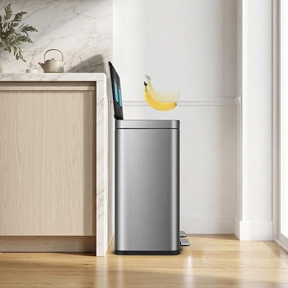 Home Zone Living 16 Gallon Kitchen Trash Can with Dual Compartments for Recycling, CleanAura Odor Control, Stainless Steel, Silver, 60 Liters Total