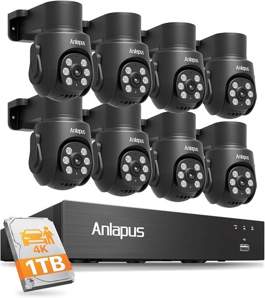 Anlapus 4K 8CH Security DVR Camera System, 8 X 8MP Pan Tilt Camera, 1TB HDD