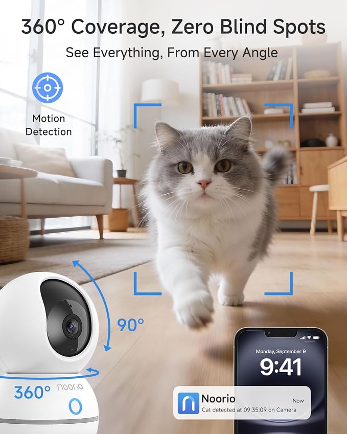 Noorio 4MP/2K Indoor Security Camera, 2.4GHz UHD 360° PTZ Pet/Dog Camera