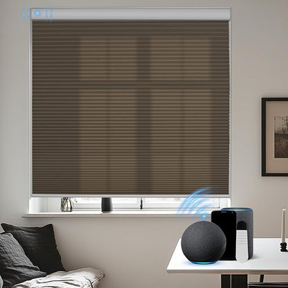 BERISSA Motorized Cellular Shades, Light Filtering Smart Honeycomb Blinds with Remote Control & Hub, Custom Room Darkening Automatic Cellular Window Blinds for Home Office, Living Room, Door,Brown