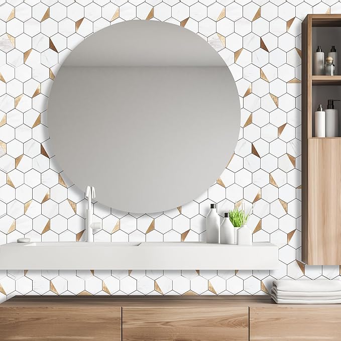 10-Sheet Hexagon Peel and Stick Backsplash Tile,12x12 inches Carla White Mixed Metal 3D PVC Wall Tiles Stick on Backsplash for Kitchen and Bathroom