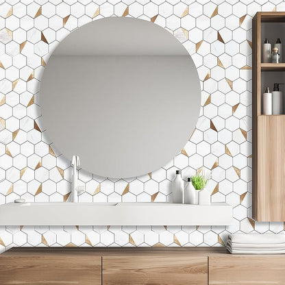 10-Sheet Hexagon Peel and Stick Backsplash Tile,12x12 inches Carla White Mixed Metal 3D PVC Wall Tiles Stick on Backsplash for Kitchen and Bathroom